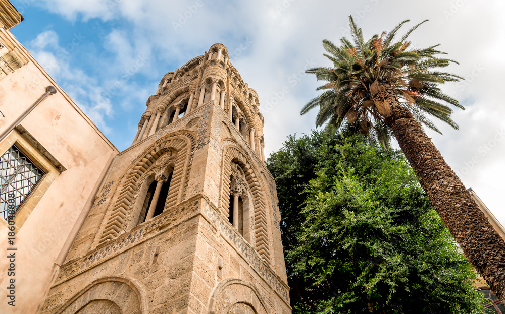 View of the baroque facade with the Romanesque belltower of Santa Maria dell'Ammiraglio Church known as Martorana Church, Palermo, Italy
