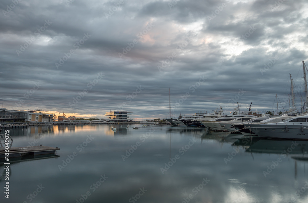 Valencia harbor, port twilight, reflection in water wide angle, panoramic