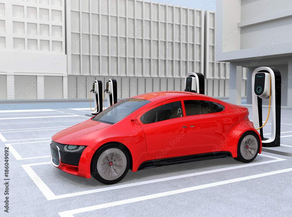 Red electric car charging at charging station. 3D rendering image. Red electric car charging at charging station. 3D rendering image.