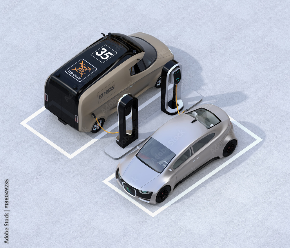 Isometric view of electric delivery minivan and silver sedan charging at charging station. 3D rendering image. Isometric view of electric delivery minivan and silver sedan charging at charging station. 3D rendering image.