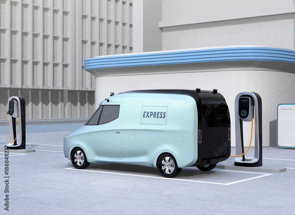 Electric delivery van charging at charging station. 3D rendering image.
