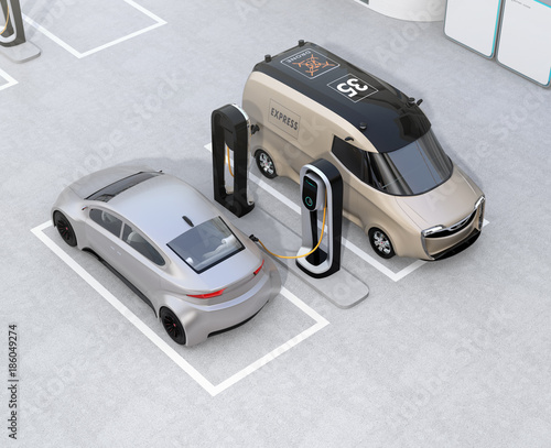 Electric delivery minivan and silver sedan charging at charging station. 3D rendering image.