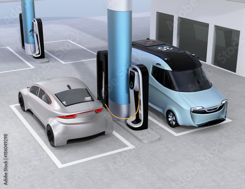 Electric delivery minivan and silver sedan charging at charging station. 3D rendering image.