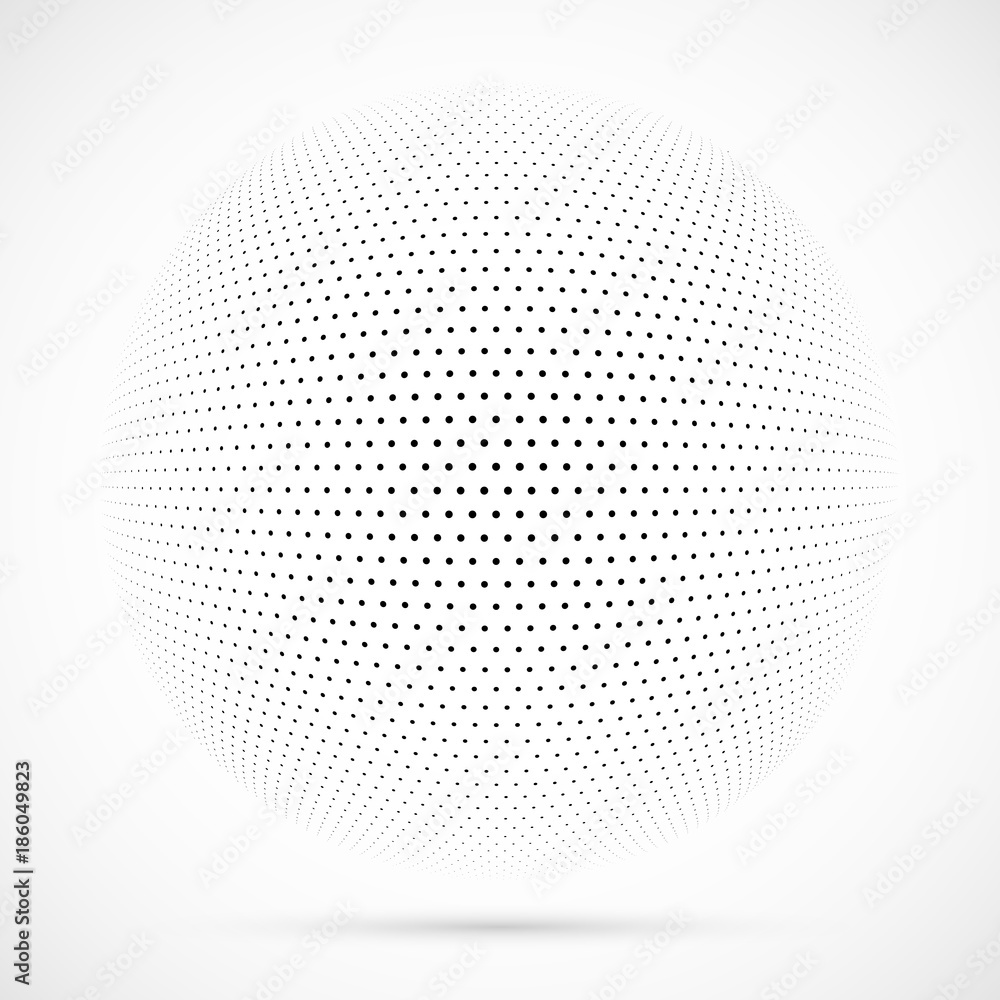 White 3D vector halftone sphere.Dotted spherical background.Logo template with shadow.Circle dots isolated on the white background.