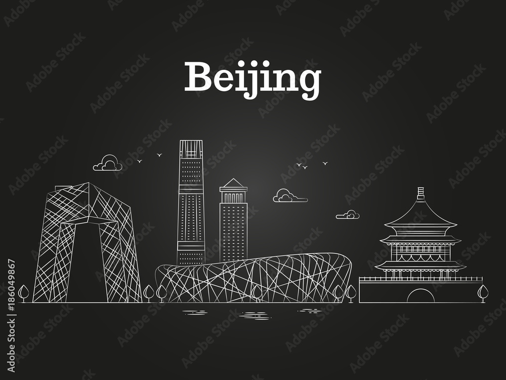 Plakat China beijing linear panoramic skyline vector illustration - asian city landscape