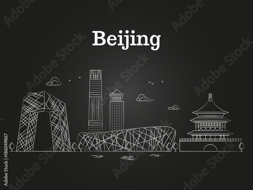 China beijing linear panoramic skyline vector illustration - asian city landscape