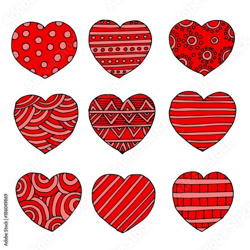 Hand drawn heart shapes, romance love doodle vector signs for holiday decor. Red sketch hearts, illustration of decoration love heart