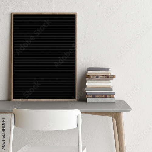 Black mock up poster on office table, 3d render, 3d illustration