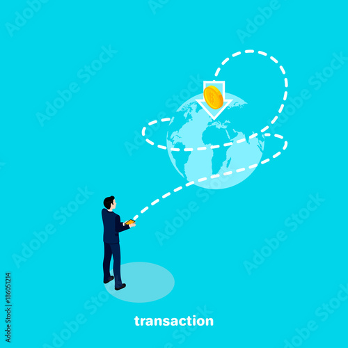 a man in a business suit with a phone in his hand sends a money transfer around the world, an isometric image