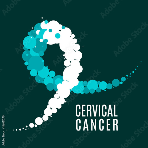 Cervical cancer poster with teal and white ribbon made of dots on dark green background. Ovarian disease symbol for January awareness month. Medical disorder concept. Vector illustration.