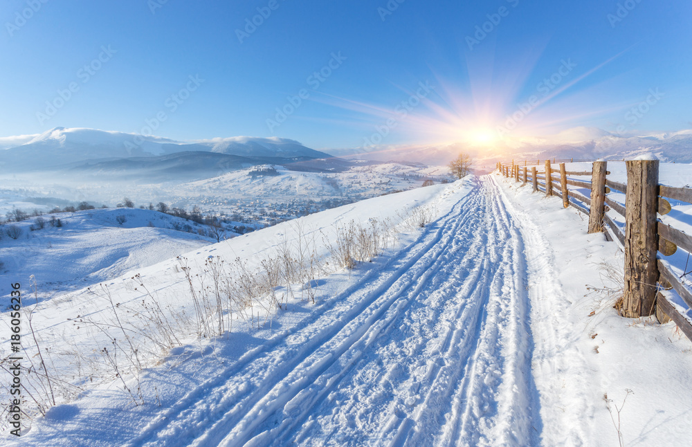 Winter landscape. road covered with snow