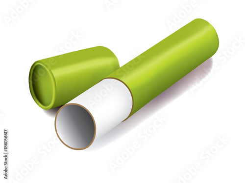 Cylindrical packaging tube on white background