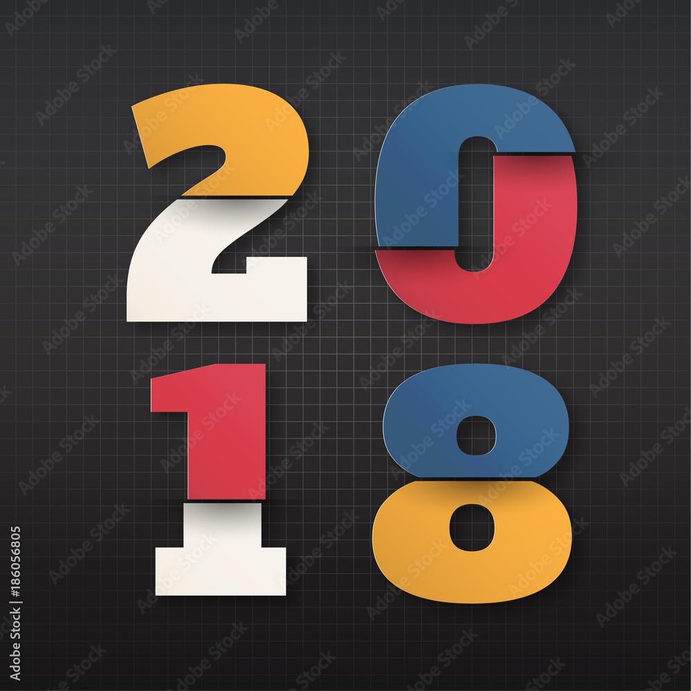 Greeting card design template with Modern Text for 2018 New Year of the Dog. Color number 2018 drawn lettering on colorful background. Vector illustration Greeting card design template with Modern Text for 2018 New Year of the Dog. Color number 2018 drawn lettering on colorful background. Vector illustration