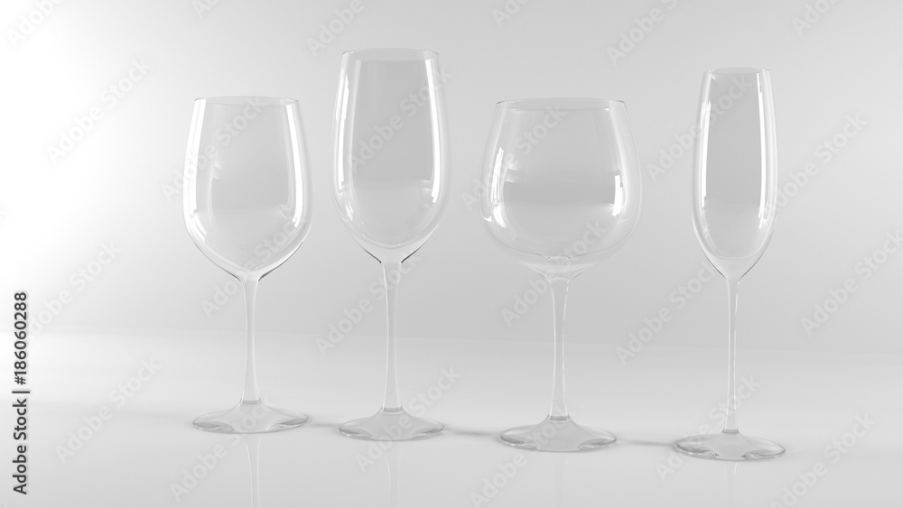 Diferrent wine glasses on white background.

Clean and shiny empty cleaner glasses on white shine background. Beautiful design.