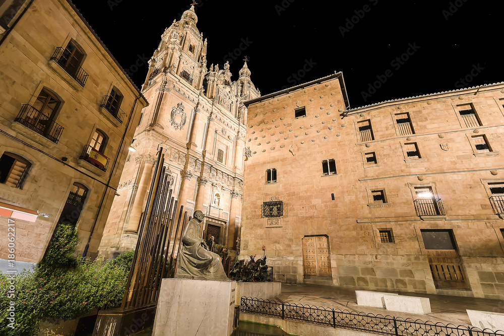 Facade of Casa de las Conchas in Salamanca at night, Spain, cove