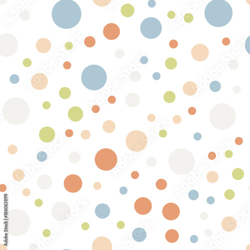 Colorful polka dots seamless pattern on white 11 background. Delightful classic colorful polka dots textile pattern. Seamless scattered confetti fall chaotic decor. Abstract vector illustration.