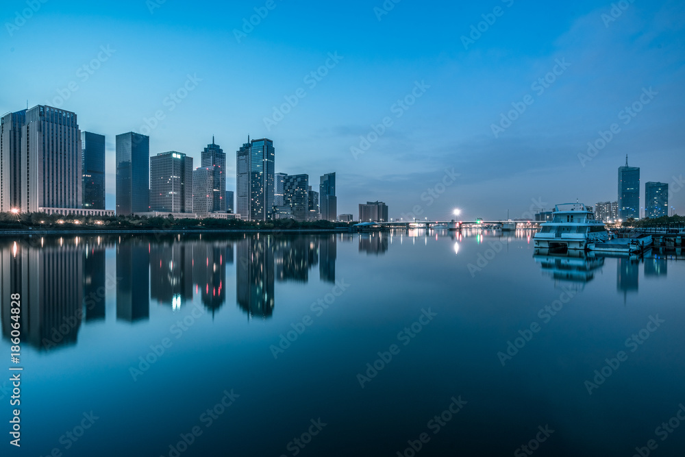 Fototapeta premium urban skyline and modern buildings at dusk, cityscape of China.
