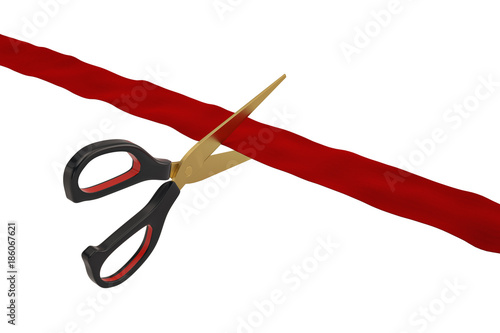 Scissors and ribbon on white background 3D illustration.