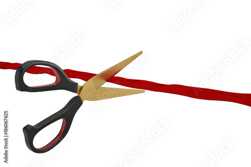 Scissors and ribbon on white background 3D illustration.