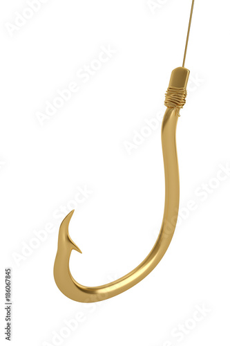 Gold hook on white background 3D illustration.