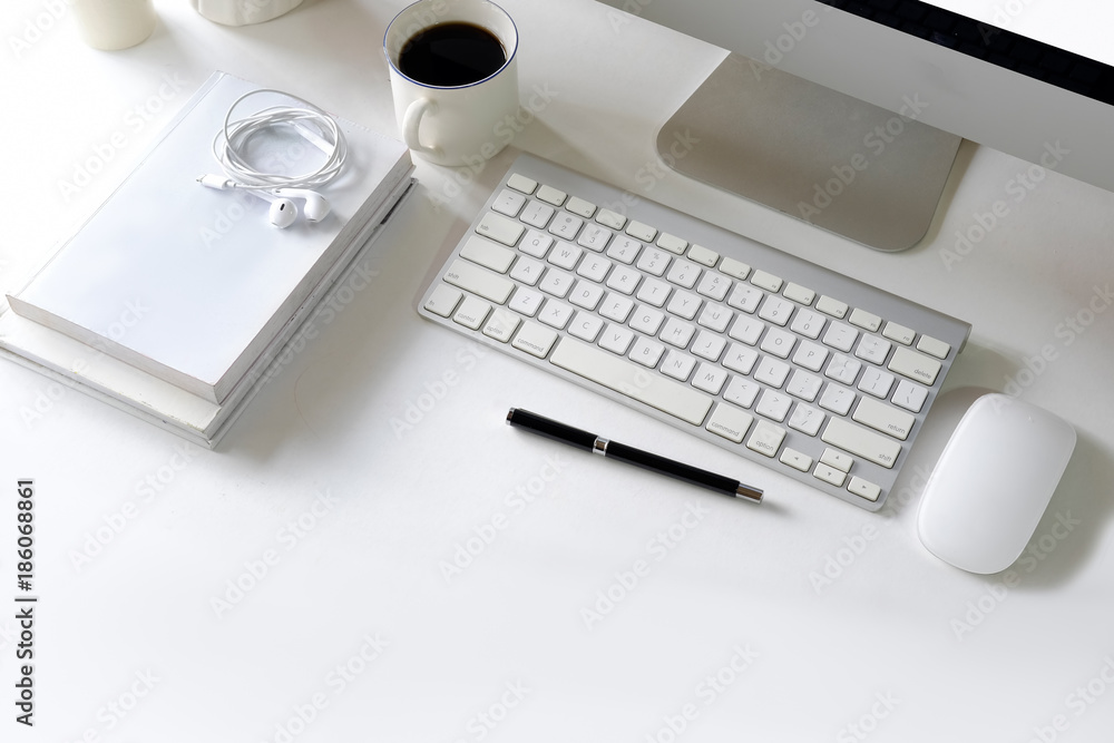 Clean workplace with desktop computer and supplies. Clean workplace with desktop computer and supplies.
