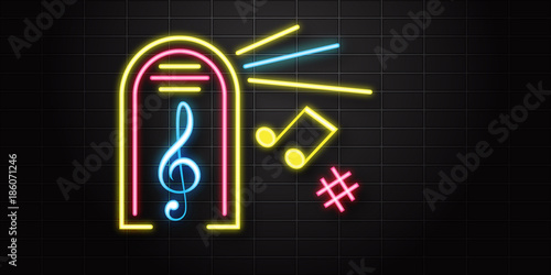 Vector realistic isolated neon sign of jukebox for decoration and covering on the wall background. Concept of music, dj and concert. Vector realistic isolated neon retro sign of vinyl and notes.