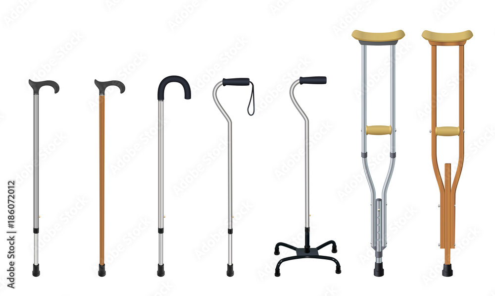Set of walking sticks and crutches. Telescopic aluminum cane