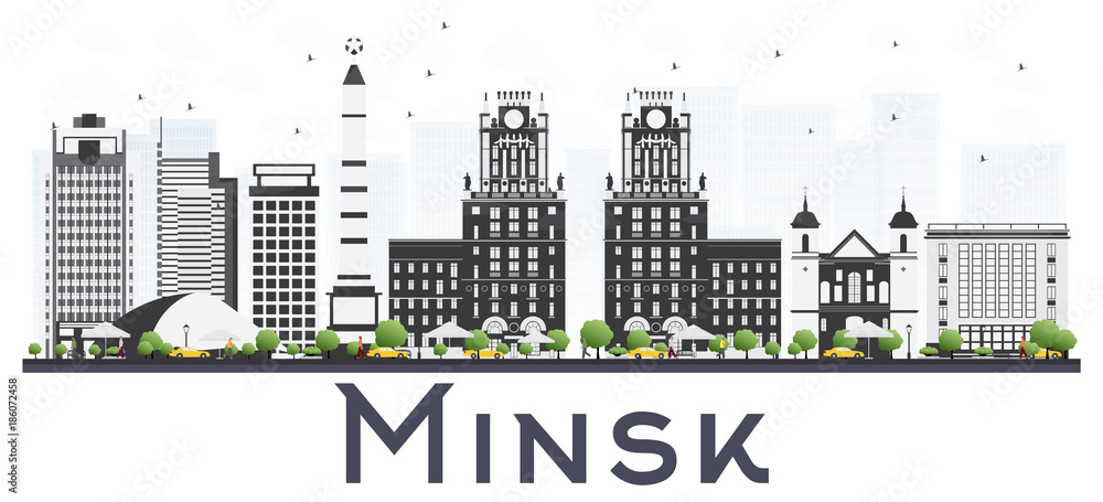 Minsk Belarus City Skyline with Gray Buildings Isolated on White Background.