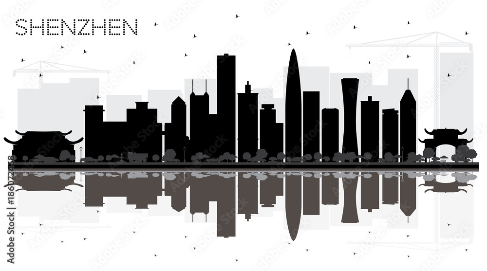 Shenzhen China City skyline black and white silhouette with Reflections.