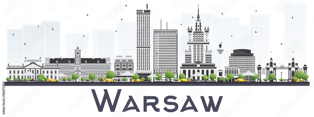 Warsaw Poland City Skyline with Gray Buildings Isolated on White Background.