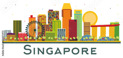 Singapore Skyline with Color Buildings Isolated on White Background.