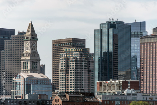 View of the historic Custom House skyscraper clock tower and skyline of Boston Massachusetts USA