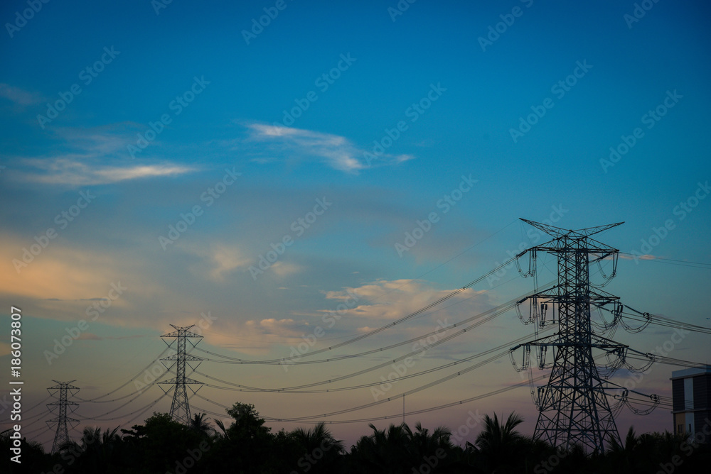 electricity transmission and blue sky at dusk , Power Tower  at bangkok in thailand