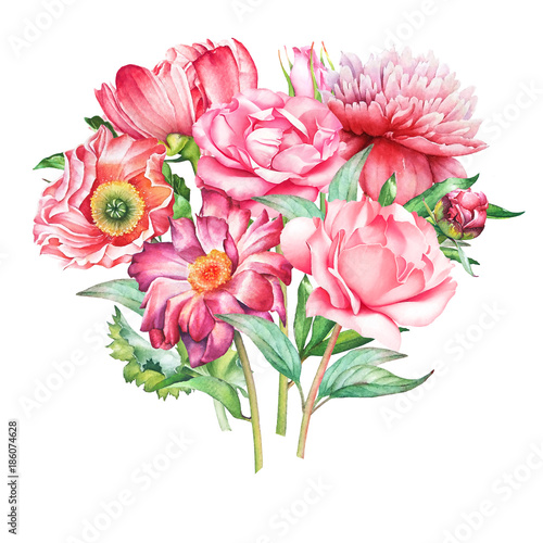 Beautiful watercolor hand drawn bouquet with red and pink flowers isolated on white background.