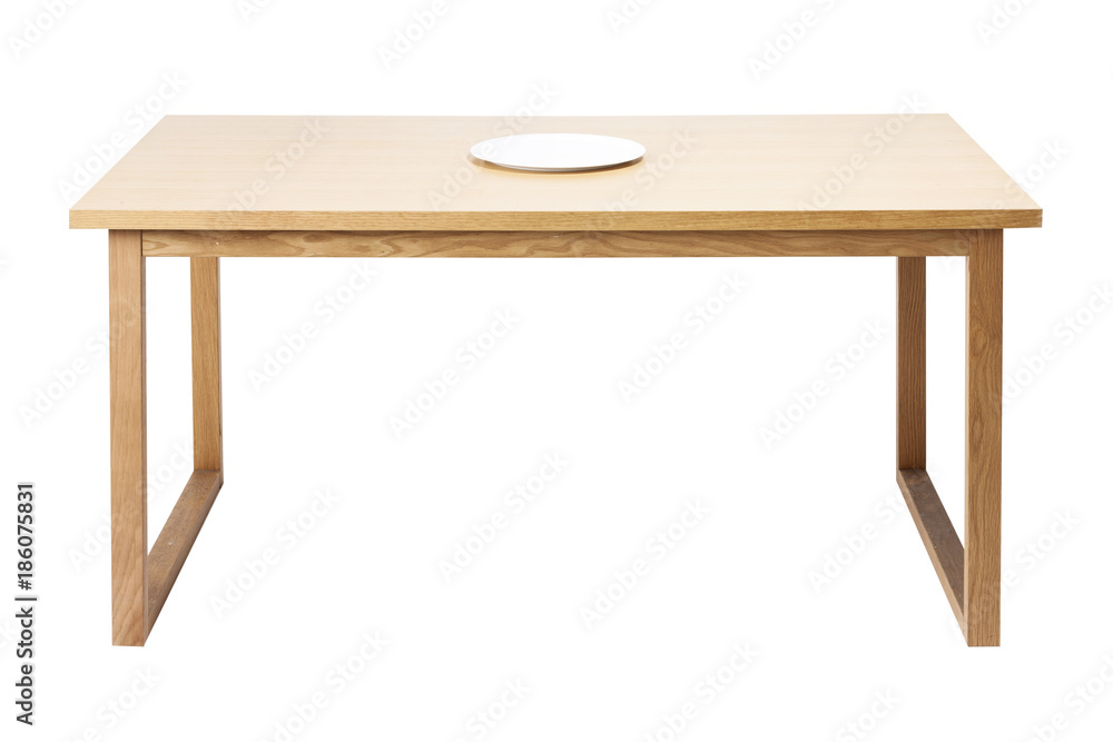 Fototapeta premium wood table with empty dish isolated on the white background
