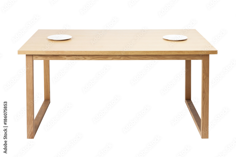 Fototapeta premium wood table with empty dish isolated on the white background