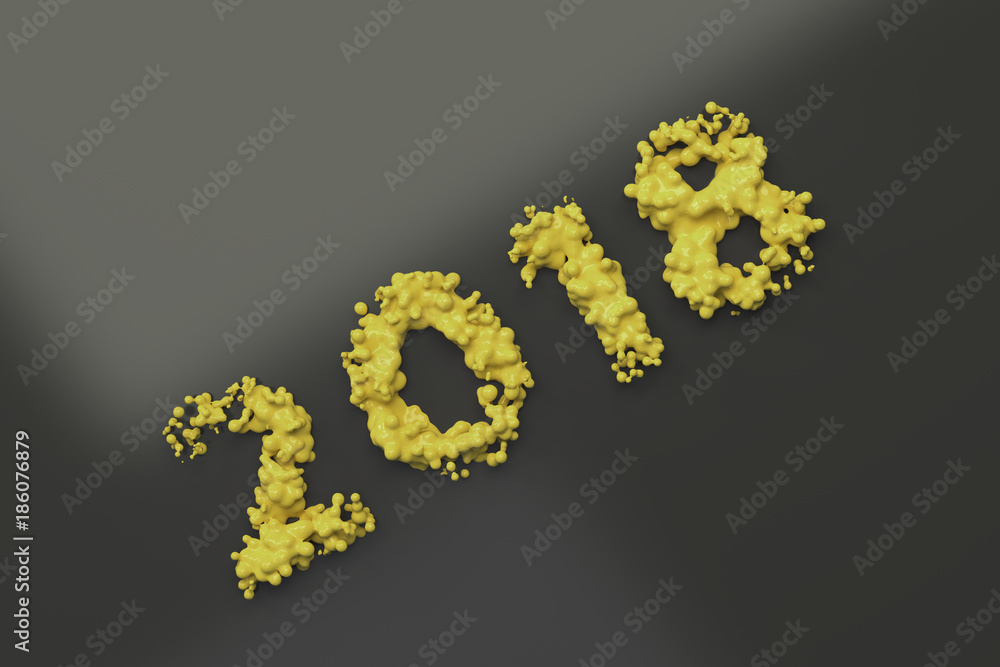 Liquid yellow 2018 number with drops on black background