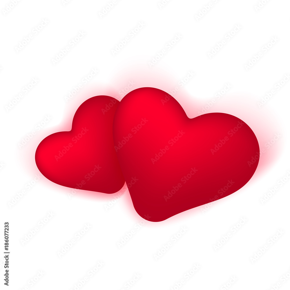 Two Hearts realistic vector icon and symbols in red color isolated in white background. Vector illustration.