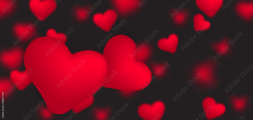 Falling small red realistic hearts on black background. Happy Valentine s day illustration. Vector confetti falling from red hearts. Love concept card background for Valentine s day