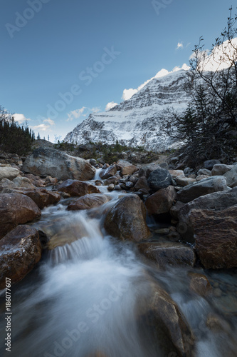 Running river and Mount Edith Cavell, Jasper National Park, Alberta, Canada