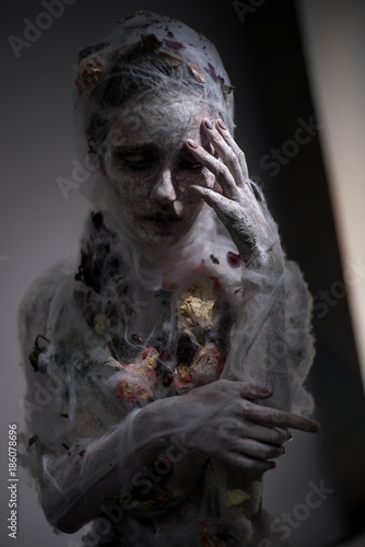 Fototapeta Naklejka Na Ścianę i Meble -  Portrait of sad woman in white veil with web posing at camera
