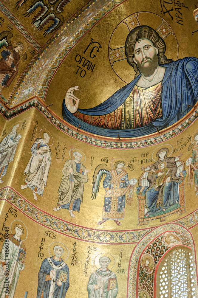 Obraz premium The wonderful cathedral of Monreale has been built in XII sec by the norman William II and it is famous for its gorgeous mosaics. In the central apse, the Pantokrator. 