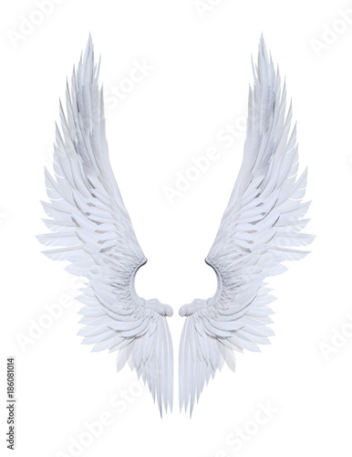 3d Illustration Angel wings, white wing plumage isolated on white background with clipping path.