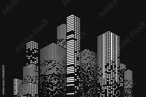 Building and city illustration. Black cities silhouette with windows. Graphic concept for your design.