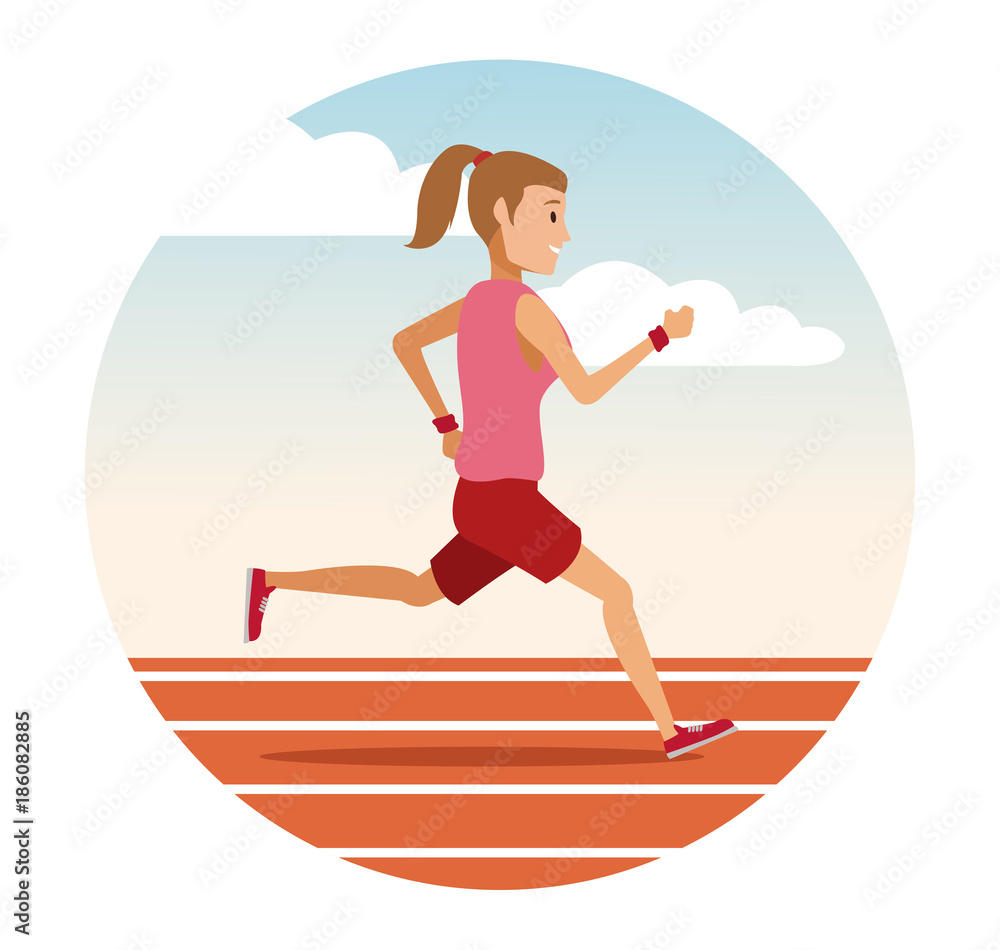 Woman running on track round icon icon vector illustration graphic design