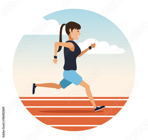 Woman running on track round icon icon vector illustration graphic design