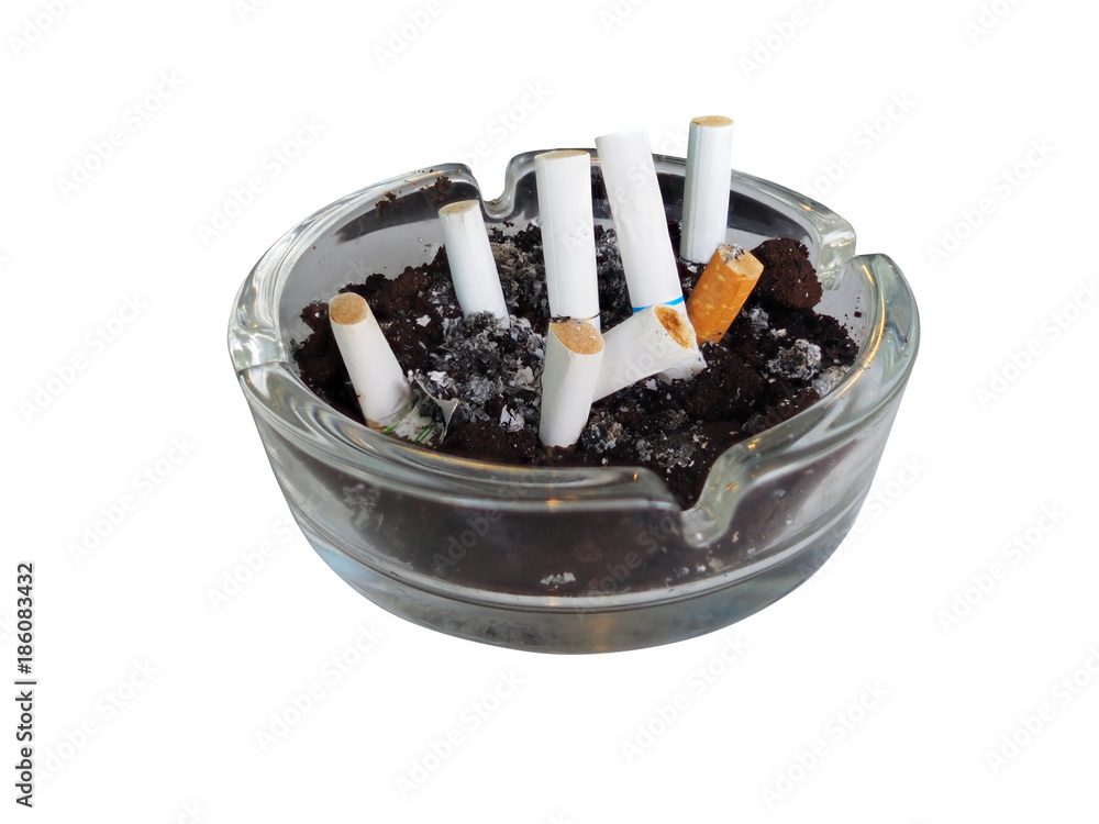 Cigarette in the ashtray isolated on white background side view Cigarette in the ashtray isolated on white background side view