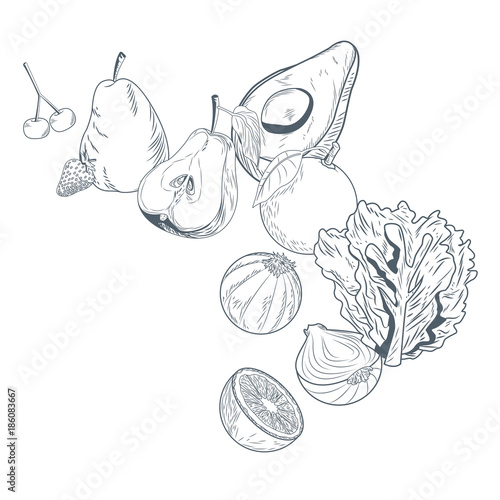 Vegetables and fruits falling hadn draw icon vector illustration graphic design