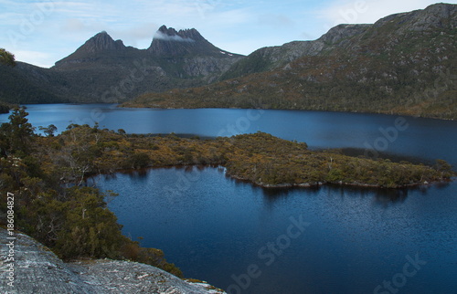 View on Dove Lake from Dove Lake Circuit in Cradle Mountain NP in Tasmania 