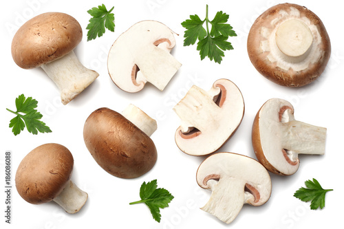 Fresh champignon mushrooms isolated on white background. top view